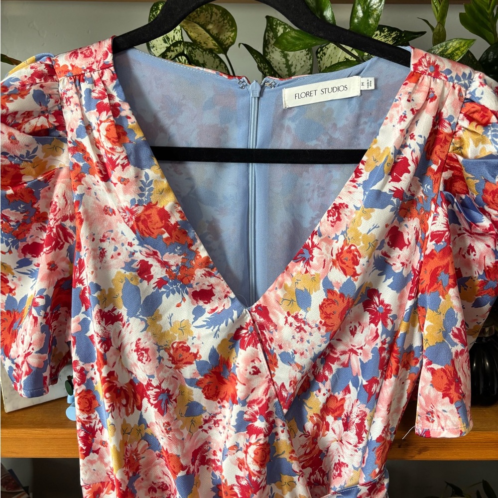 Floret Studios Floral Satin Faux Wrap Midi Dress | Medium - Picture 3 of 7